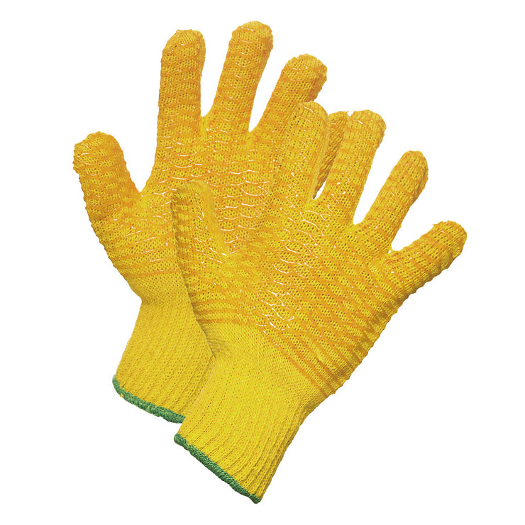 Yellow String Knit Work Gloves with PVC Criss-Cross Grip, XL
