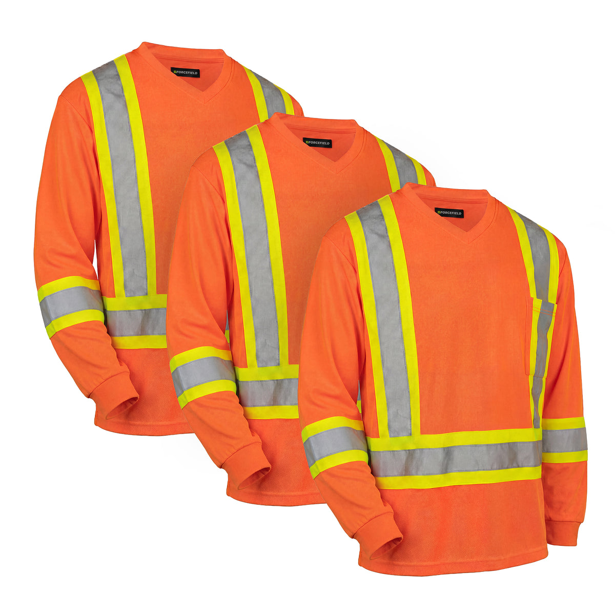 Forcefield Hi Vis V-Neck Long Sleeve Safety Tee with Chest Pocket (Multi-Pack)