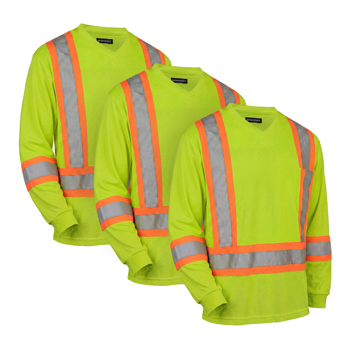 Forcefield Hi Vis V-Neck Long Sleeve Safety Tee with Chest Pocket (Multi-Pack)