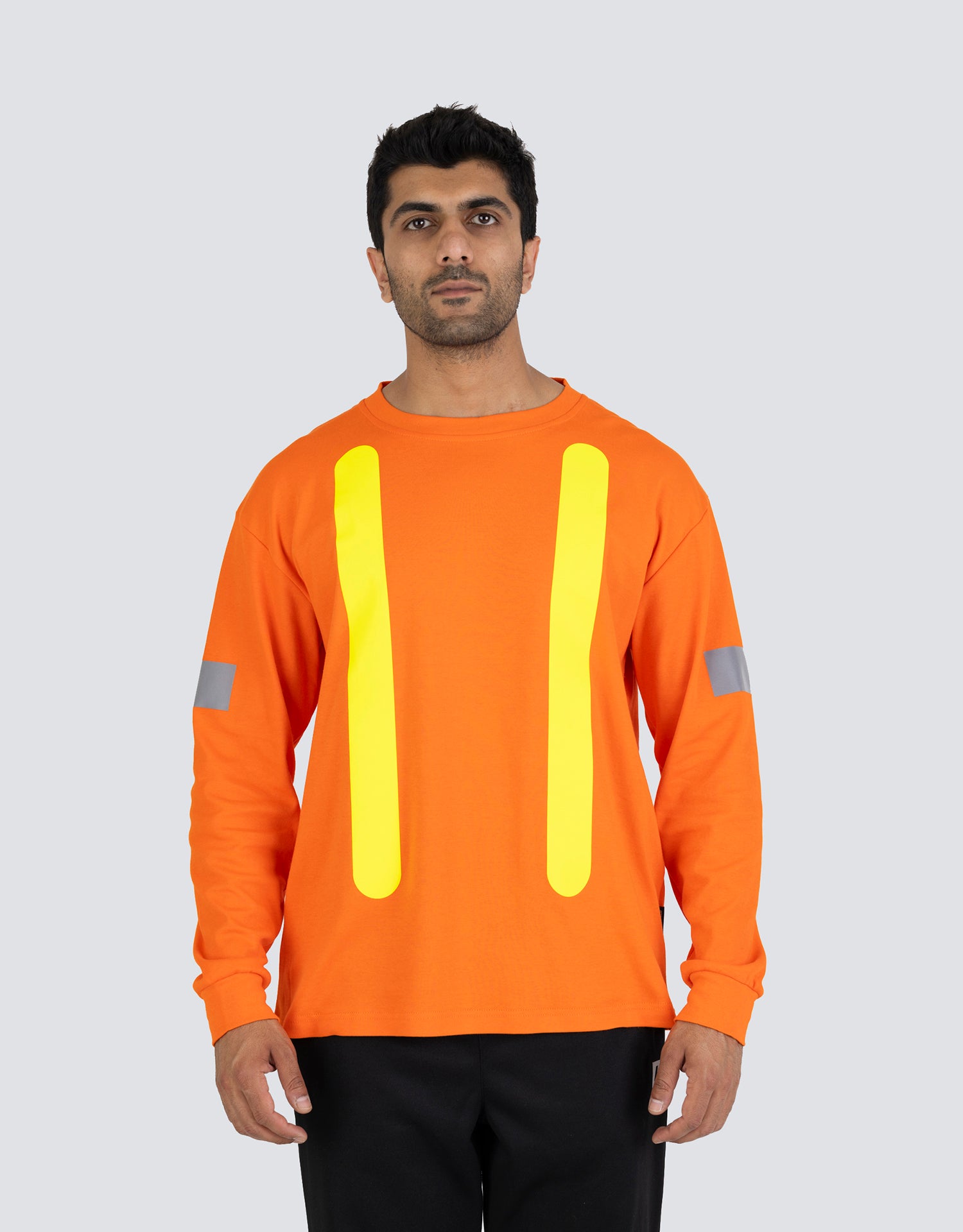 Retro Safety Cotton Long Sleeve Tee With Reflective Arm Striping