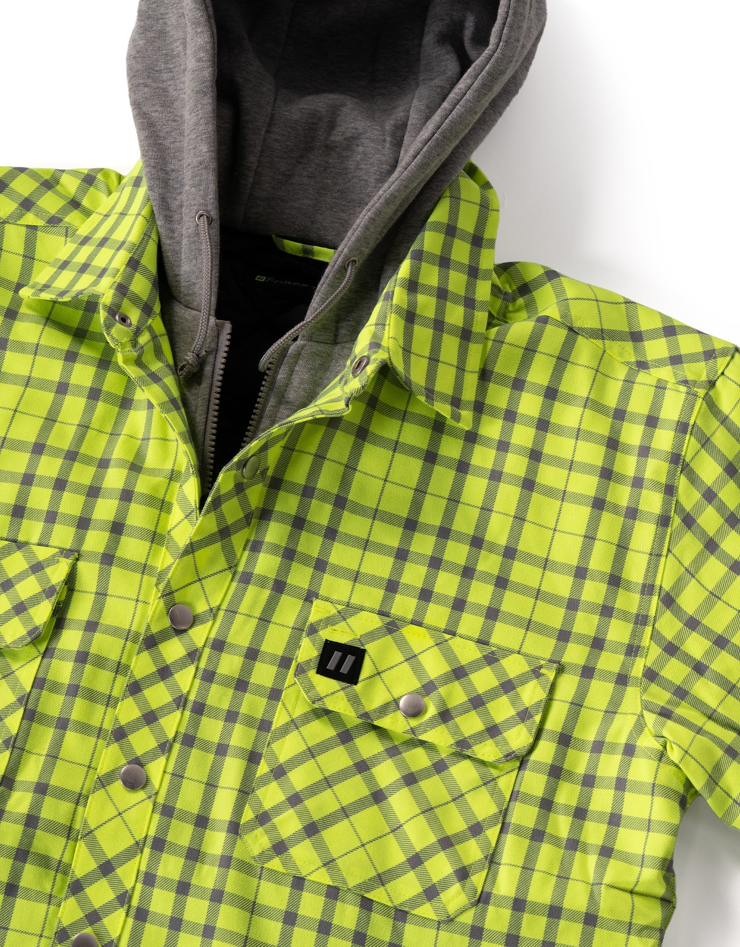 Hi Vis Lime Silver Micro Plaid Hooded Quilt-Lined Flannel Shirt Jacket