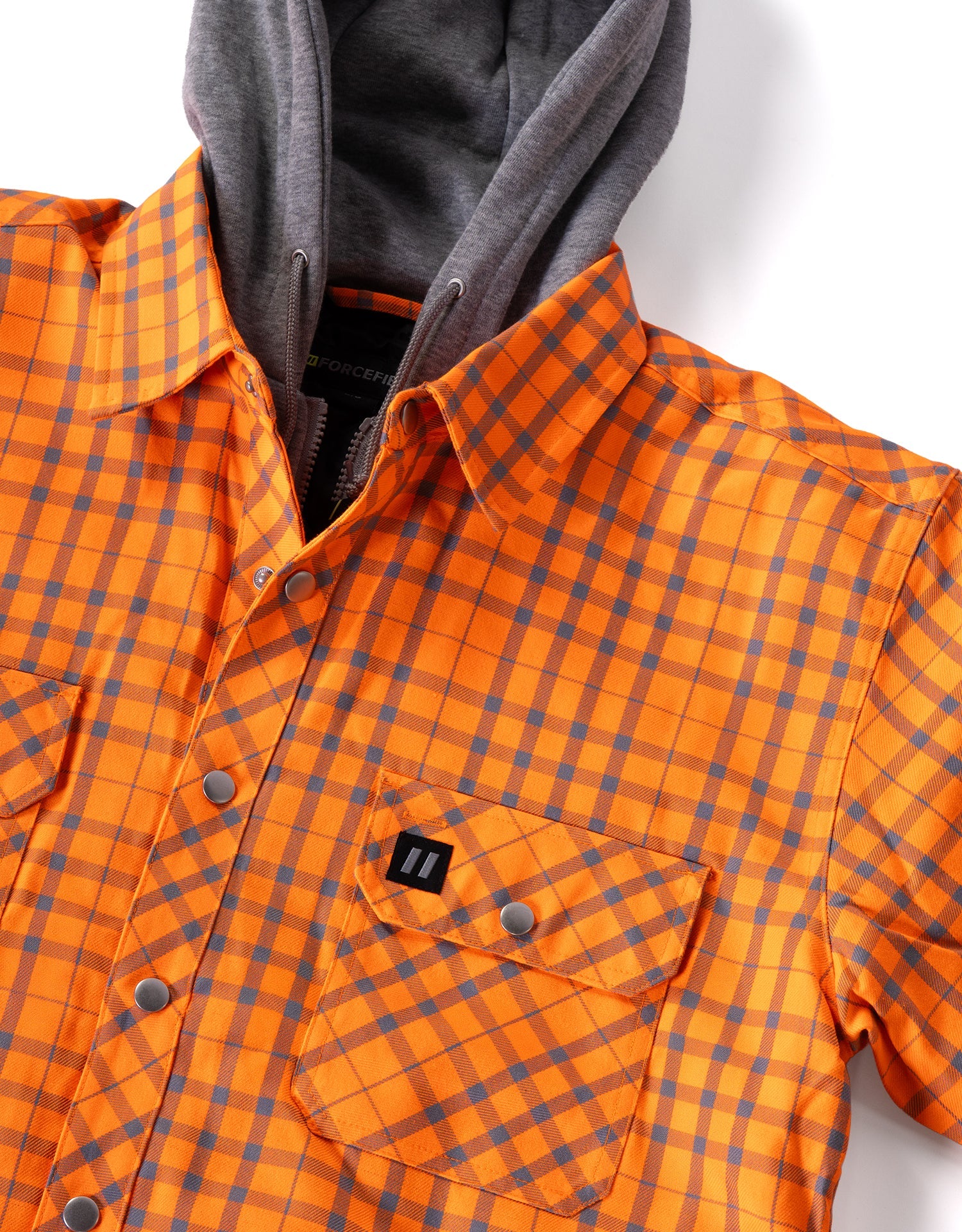 Hi Vis Orange/Silver Micro Plaid Hooded Quilt-Lined Flannel Shirt Jacket