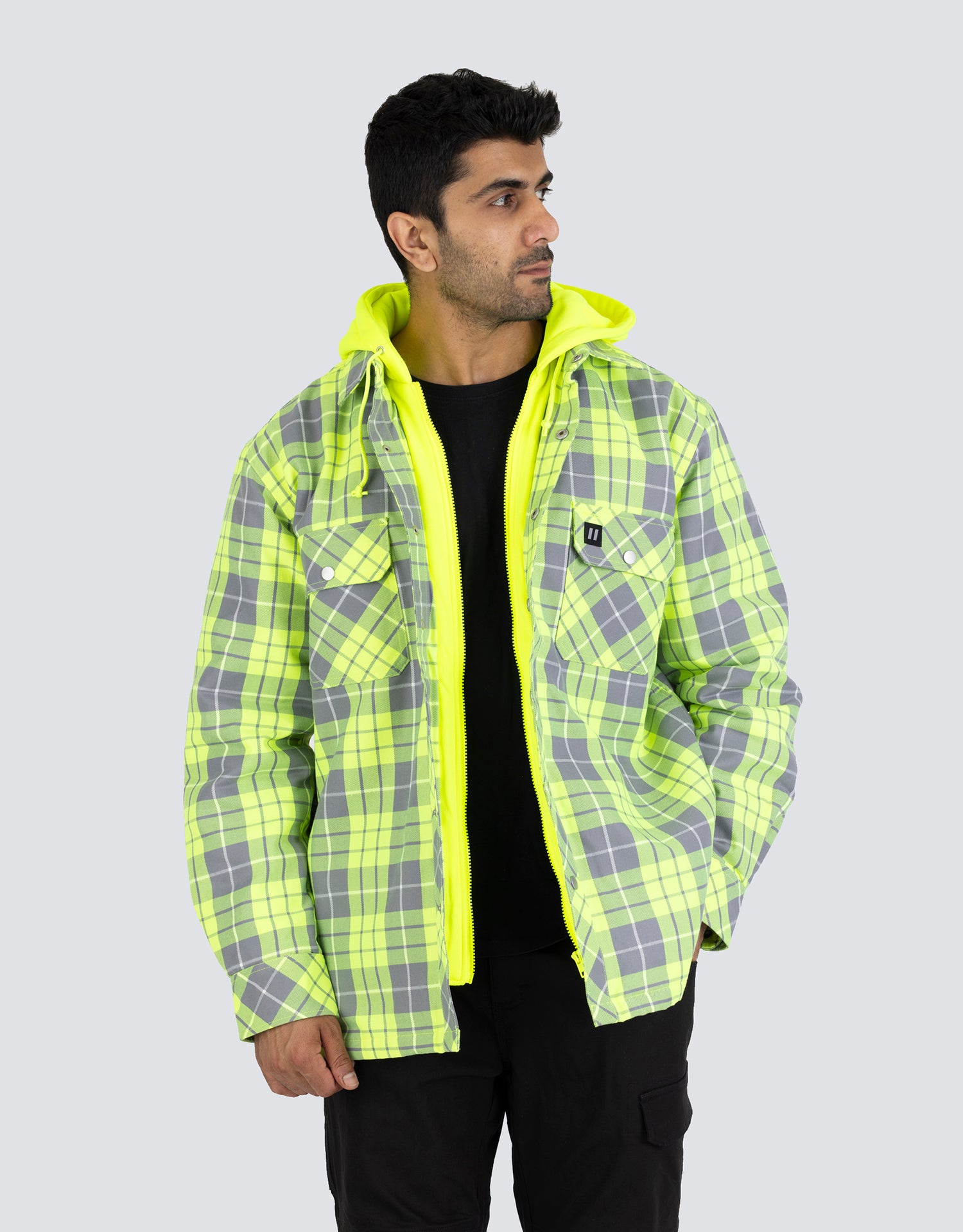 Hi Vis Hooded Plaid Quilt-Lined Flannel Shirt Jacket