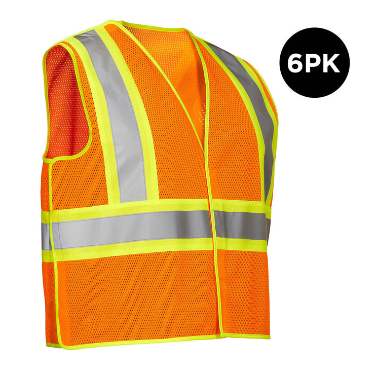 Polyester Mesh Safety Vest, 5-Point Tear-Away, 6 Pack