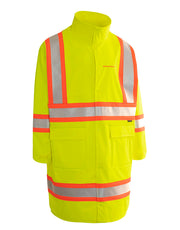 Veste de pluie de sécurité légère, résistante au feu (FR) et à haute visibilité, avec capuche amovible.