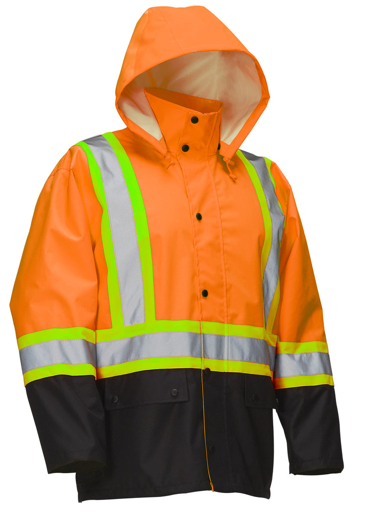 Veste de pluie de sécurité haute visibilité avec capuche à bouton-pression