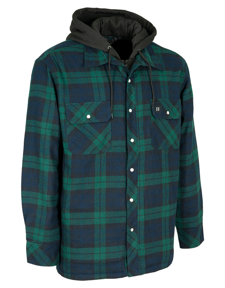 Black Watch Plaid Hooded Quilted Flannel Shirt Jacket