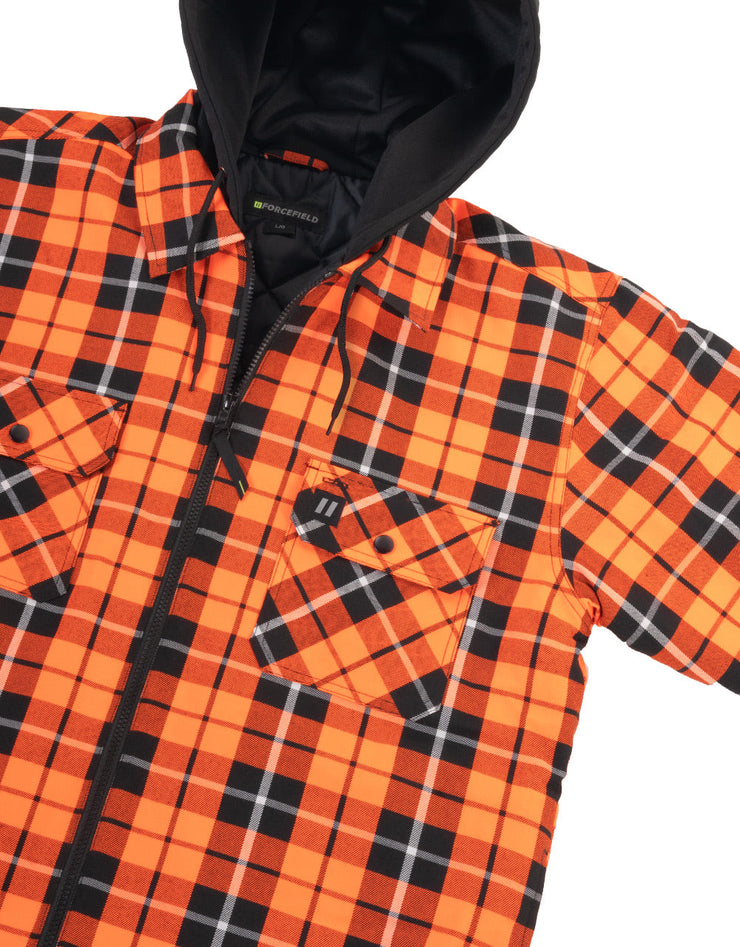 Hi Vis Orange Tartan Plaid Hooded Quilt-Lined Flannel Shirt Jacket wit