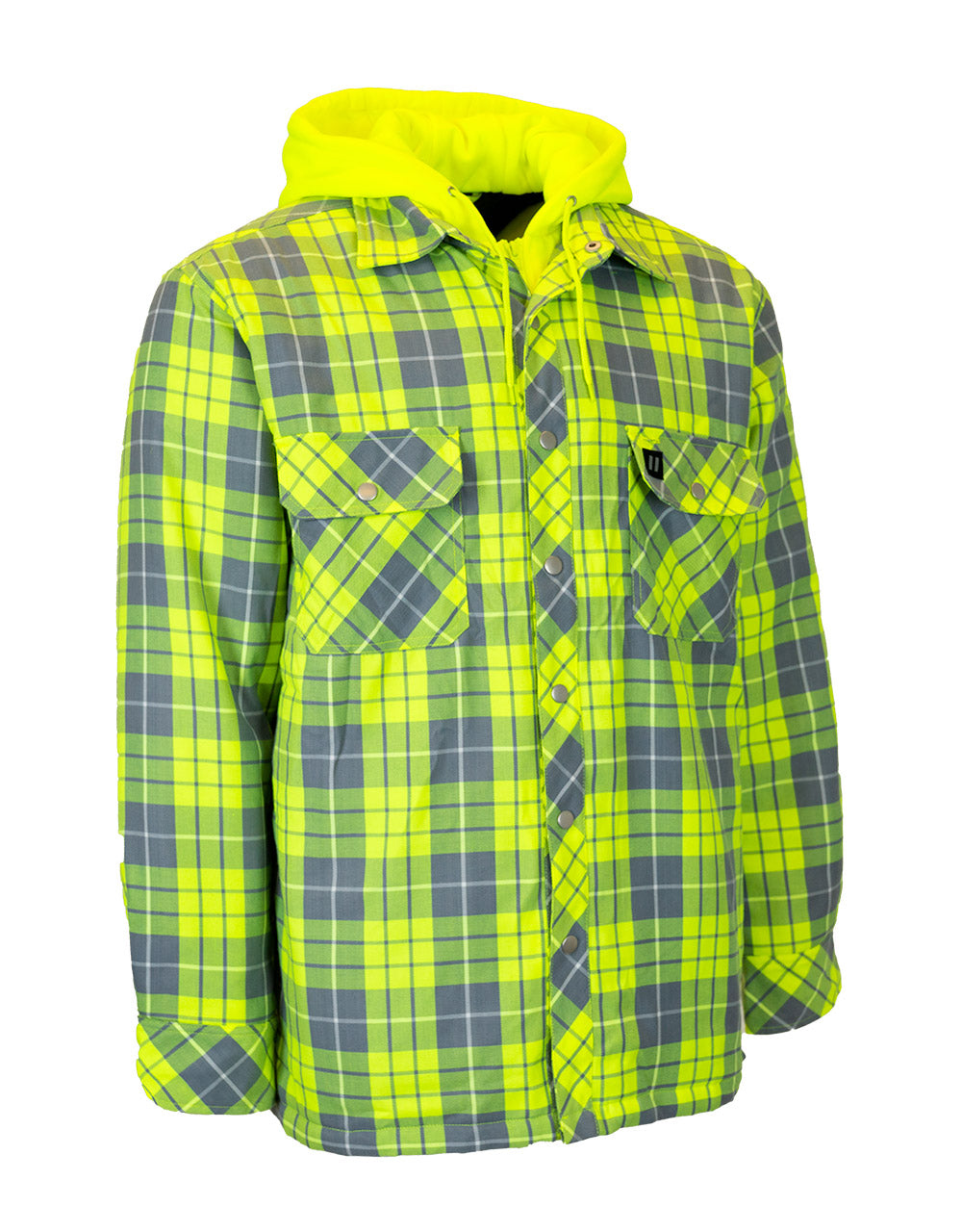 Hi Vis Hooded Plaid Quilt-Lined Flannel Shirt Jacket