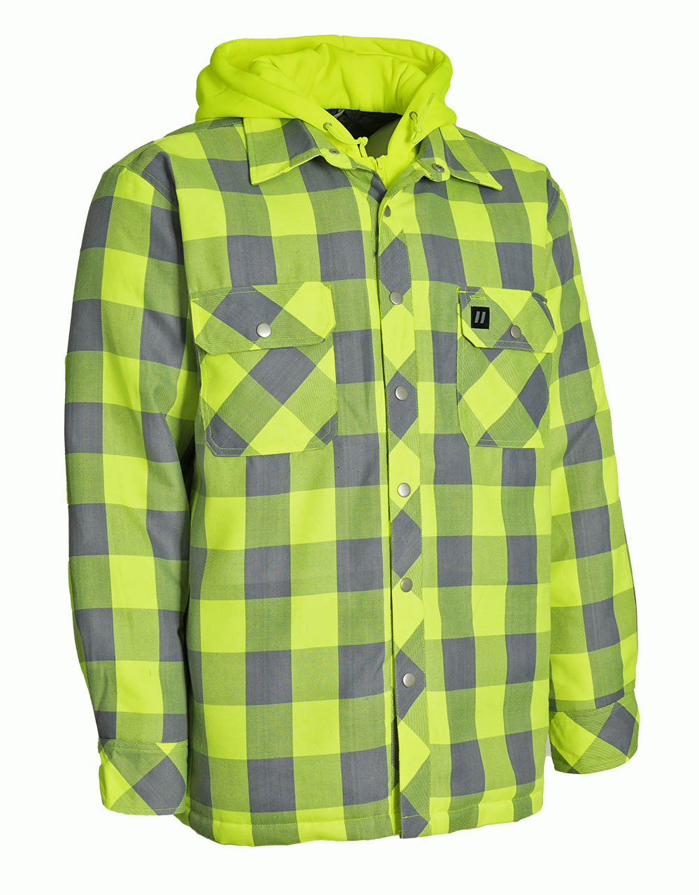 Hi Vis Hooded Buffalo Plaid Quilt-Lined Flannel Shirt Jacket