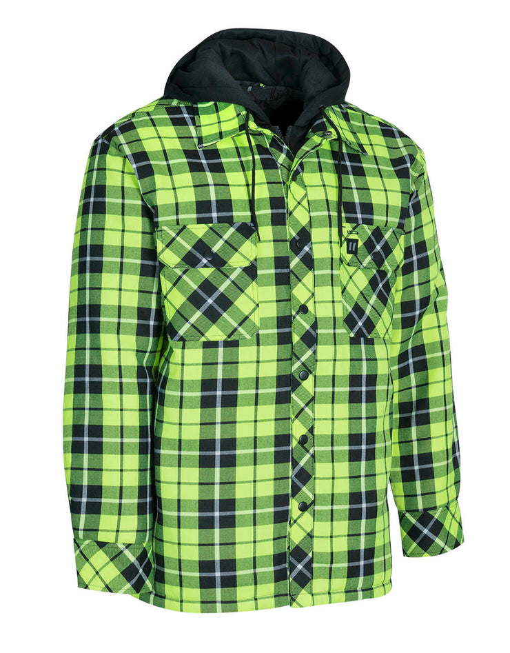 Hi Vis Hooded Tartan Plaid Quilt-Lined Flannel Shirt Jacket