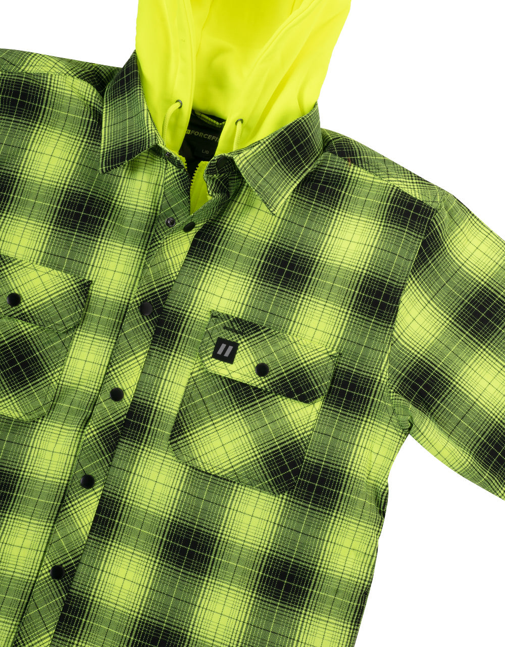 Hi Vis Black Shadow Plaid Hooded Quilt-Lined Flannel Shirt Jacket