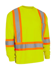 T-shirt de sécurité à haute visibilité à manches longues col ras-du-cou avec poche sur la poitrine