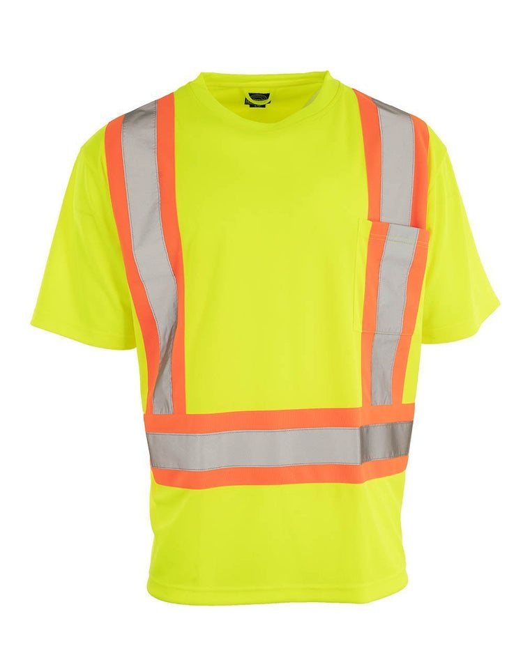 Custom Printed Hi Vis Crew Neck Short Sleeve Safety Tee Shirt with Chest Pocket - Hi Vis Safety