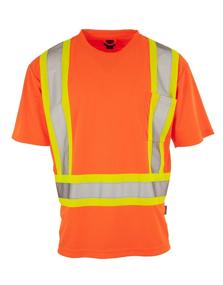 Custom Printed Hi Vis Crew Neck Short Sleeve Safety Tee Shirt with Chest Pocket - Hi Vis Safety