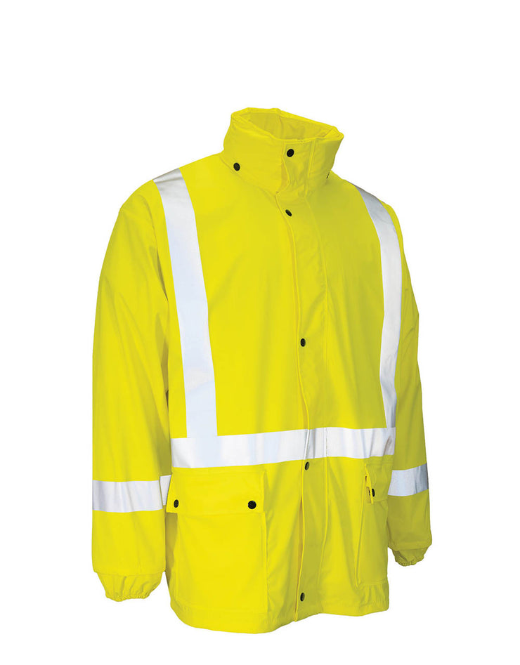 Veste de pluie de sécurité légère, résistante au feu (FR) et à haute visibilité, avec capuche amovible.