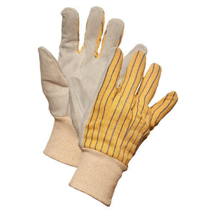 Striped Cotton Back Leather Palm Work Gloves with Knit Wrist - Hi Vis Safety